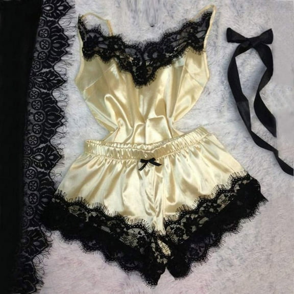 FRSASU Pajama Dress for Women Clearance，Women Tops Shorts Lace Bowknot Nightdress Camisole Pajamas Underwear Set Yellow 10(XL)