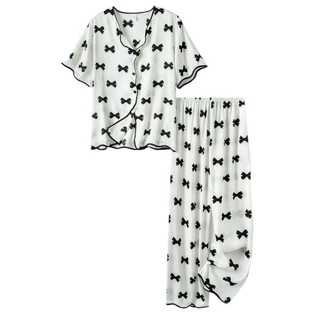 

Pajama Set for Womens Fashion Bow Printed Pjs Pants Two Piece Suit Short Sleeve Shirts Pants Sleepwear Homewear
