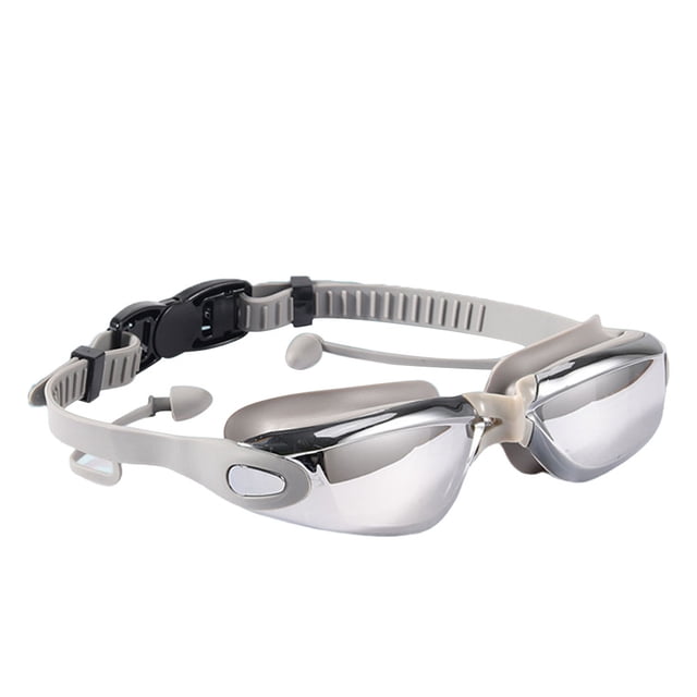 Gafas de natación para adultos, gafas de natación impermeables de silicona antivaho con tapones para los oídos y clip para la nariz, gris