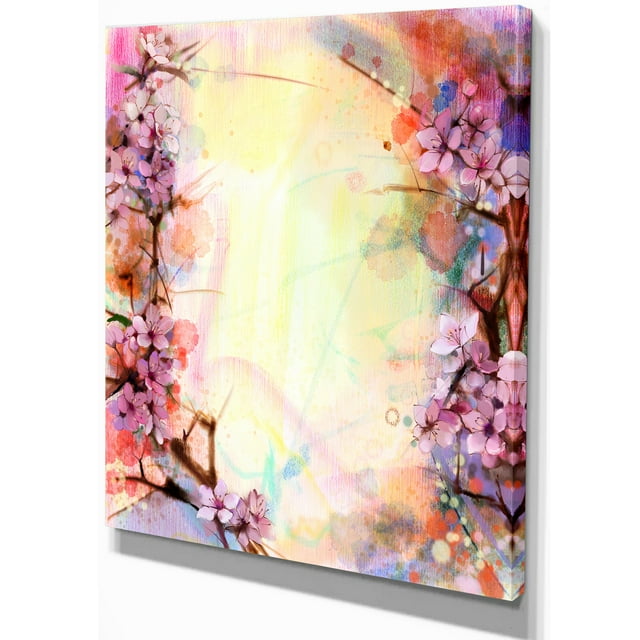 Designart - Pink Sakura on Blurred Background - Floral Canvas Art Print