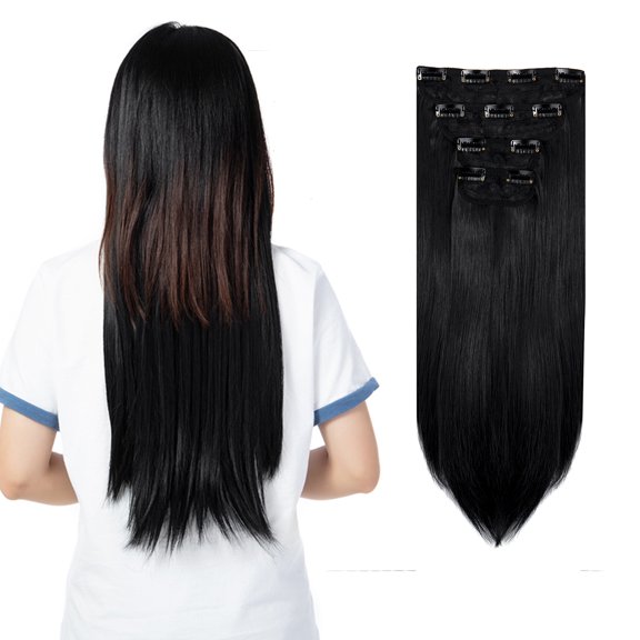 SHCKE 4 Pieces/set Clip In Hair Extensions 24 Inch Straight Hair Extensions Thickned Hair Extensions Synthetic Fiber Hair Extensions for Women Dark Black