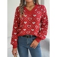 thumbnail image 2 of xiaxaixu Women's Sweaters Loose Knit Sweater Heart Pattern Long Lantern Sleeve Pullovers Spring Fall V-Neck Jumpers Streetwear, 2 of 8