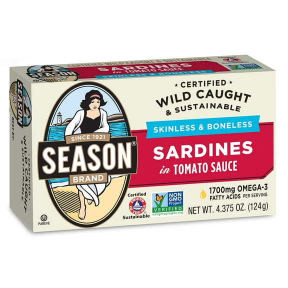 SEASON Brand Wild Caught Skinless & Boneless Sardines in Tomato Sauce - 4.375 Oz, 12 Pack