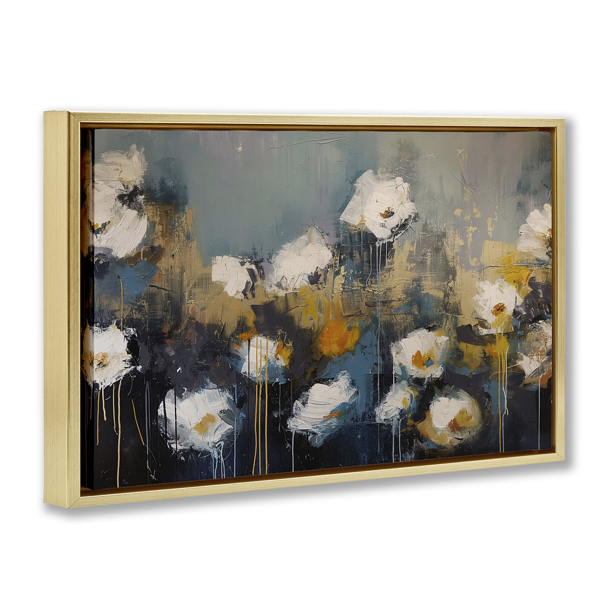 Stupell Industries Contemporary Paint Drip Blossoms Gold Framed Floater Canvas Wall Art, design by Jacky Ngan