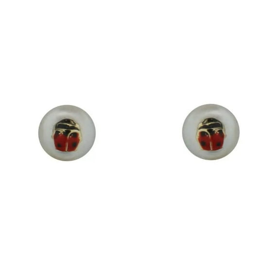 18K Solid Yellow Gold Red enamel Lady Bug over 5mm Pearl Covered Screwback Earrings