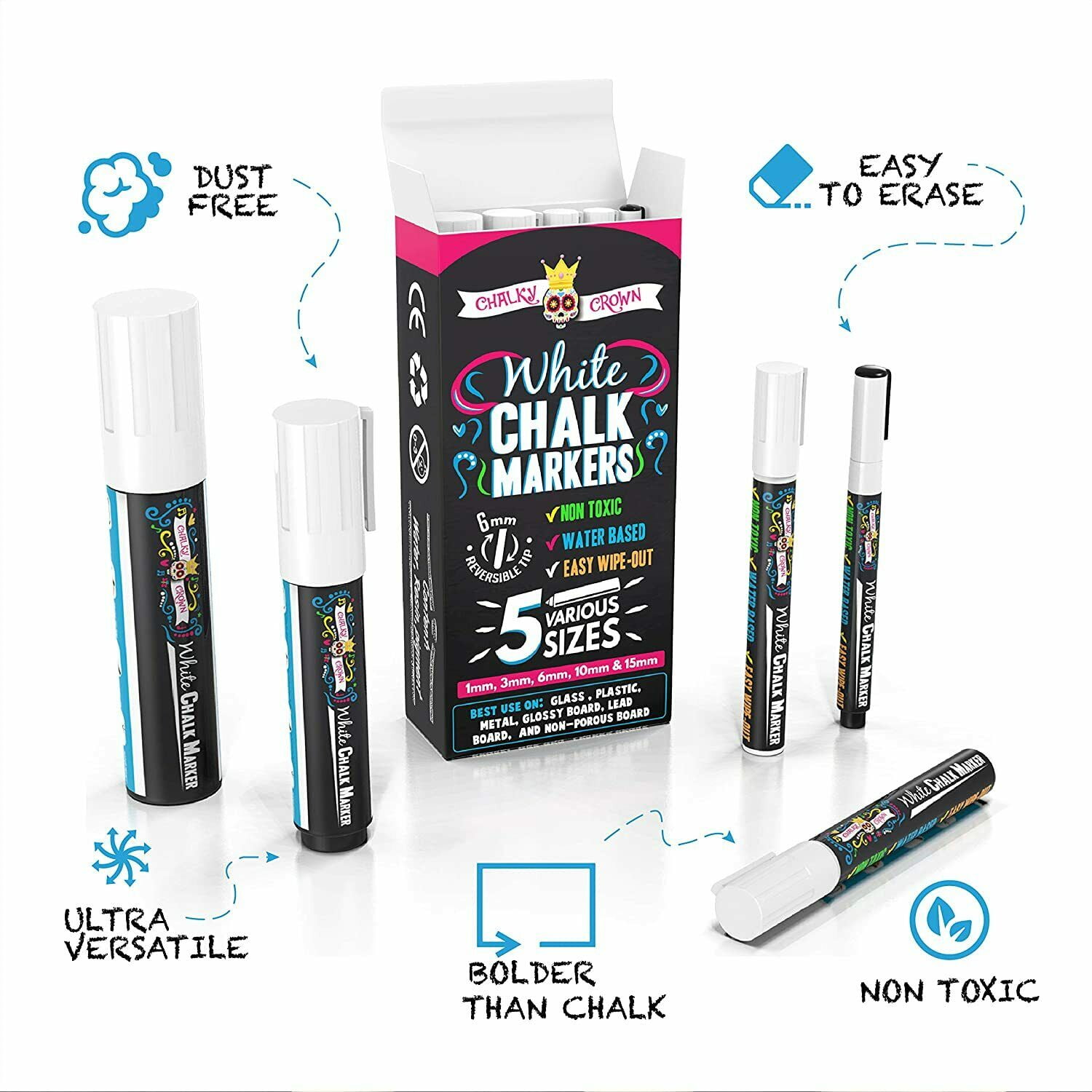  TIIKKASI Liquid Chalk Markers 8 Pack, Vivid Neon Colors 6mm,  Wet Erase Reversible Bold & Chisel Tip for Dry Erase Chalkboard Blackboard  & Whiteboard, Glass Car Windows, School Kids Art