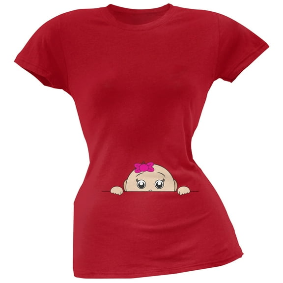 Peeking Baby Girl Red Soft Juniors T-Shirt - X-Large