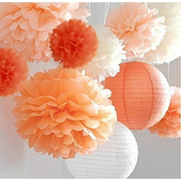 Life Glow 12Pcs Pom Poms of 10" 12" 14" Multi-Colors Tissue Paper Craft Pom Poms Kit Tissue Paper Flowers Wedding Decorations for Wedding, Birthday, Baby Shower, Nursery Decor-Orange