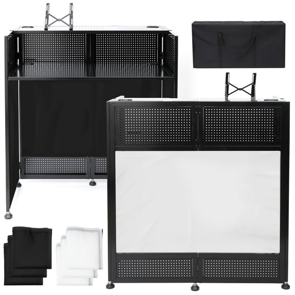 Portable DJ Booth Table, 41"L x 20"W DJ Table Stand Portable Booth Double Deck, Adjustable DJ Facade Station with White & Black Scrim, Foldable Metal Frame DJ Booth Panel