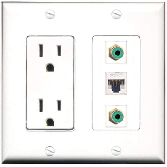 RiteAV - 15 Amp Power Outlet 2 Port RCA Green 1 Port Cat5e Ethernet White Decorative Wall Plate