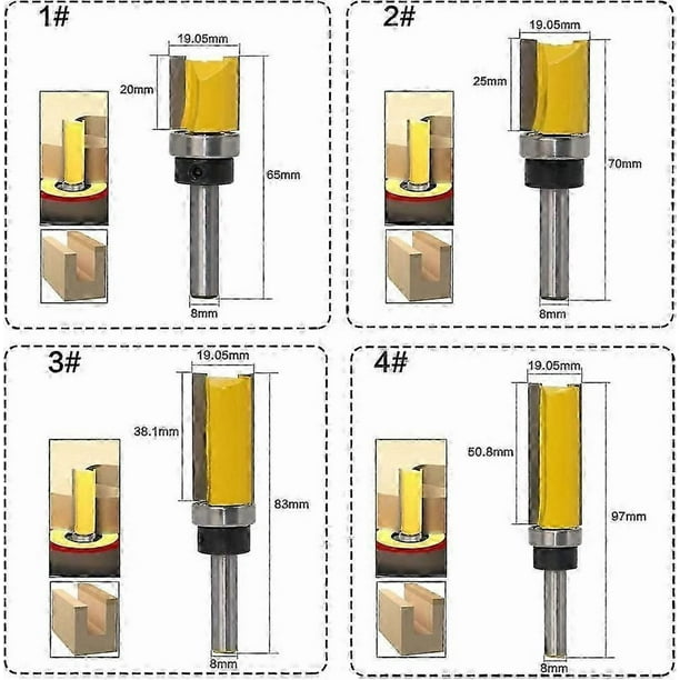 4pcs 8mm Shank Trim Pattern Router Bits Set Template Trim Router Bits Flush Finish Pattern Router Woodworking Milling Cutter Tool 20mm, 25mm, 38mm, 50