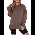 thumbnail image 1 of Sudaderas Oversize para Mujer, Cuello Redondo, Larga, Informales, Holgadas, con Aberturas, para Otoño Marrón Oscuro S, 1 of 9