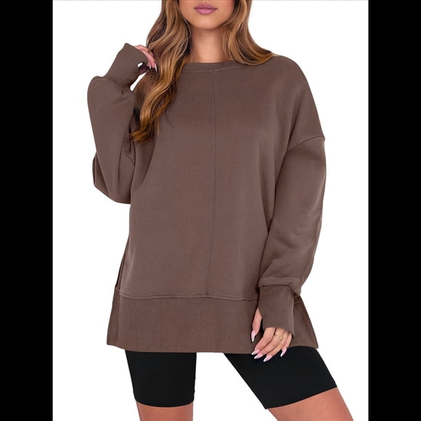 Sudaderas Oversize para Mujer, Cuello Redondo, Larga, Informales, Holgadas, con Aberturas, para Otoño Marrón Oscuro L