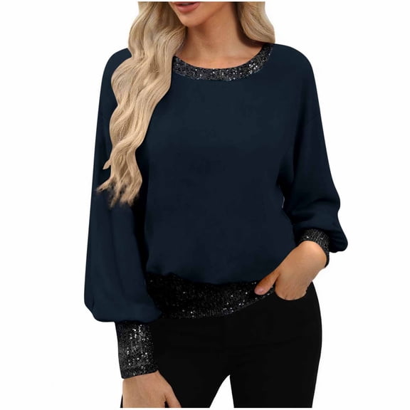 ZUKMRJPC Women's Dressy Sequin Formal Tops Long Sleeve Fashion Patchwork Shiny Shirts Crewneck Casual Fall Work Pullover Tops