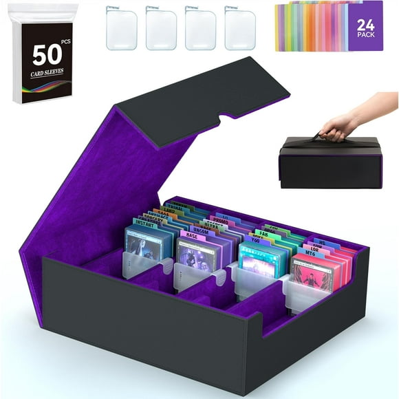 Aorsher 4-RowTrading Card Storage Box, Deck Box for Baseball Sport Card, Card Organizer Holder With 50 Sleeves & 24 Dividers, Case Fit for Mtg Tcg Magic Commander Deck Playing Cards