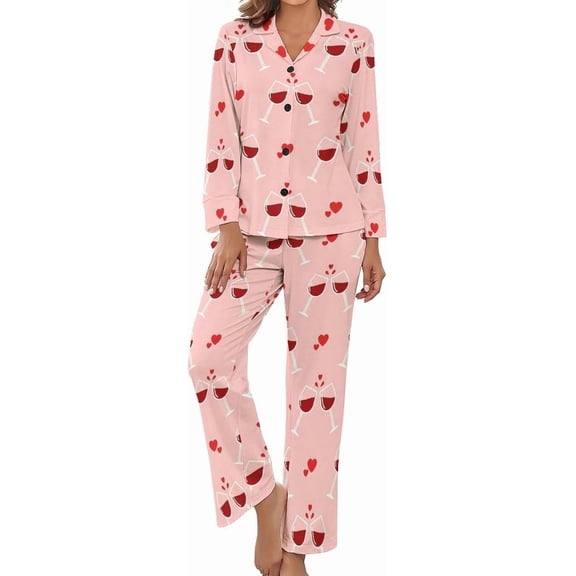 Top-kevin Womens Pajamas Set Wine Glasses Hearts Soft Long Sleeve Sleepwear Button Down Sets