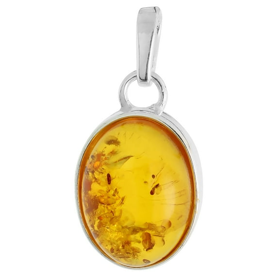 Sterling Silver Oval Russian Baltic Amber Pendant w/ 16x12mm Oval-shaped Cabochon Cut Stone, 13/16" (21 mm) tall
