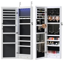 Aidoly Lighted Jewelry Cabinet with Full-Length Mirror, Wall/Door Mounted, 2-Drawer Storage, White