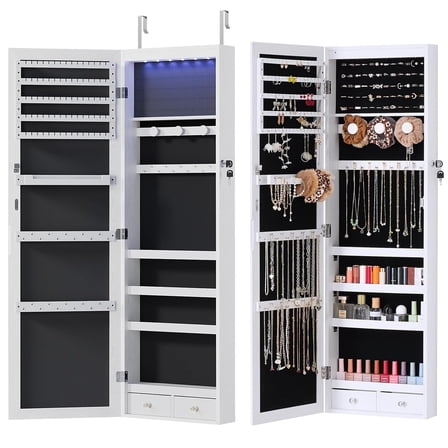 Aidoly Lighted Jewelry Cabinet with Full-Length Mirror, Wall/Door Mounted, 2-Drawer Storage, White
