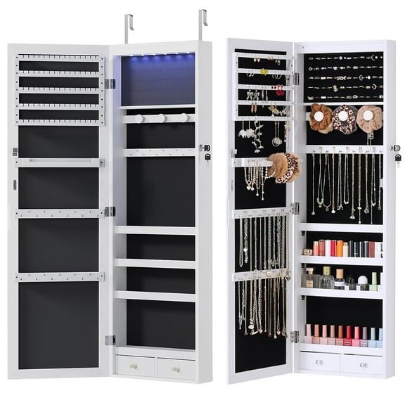 Aidoly Lighted Jewelry Cabinet with Full-Length Mirror, Wall/Door Mounted, 2-Drawer Storage, White