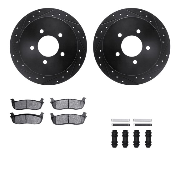 Dynamic Friction Company Rear Brake Rotors-Drilled and Slotted-Black with Heavy Duty Brake Pads includes Hardware 8212-99167