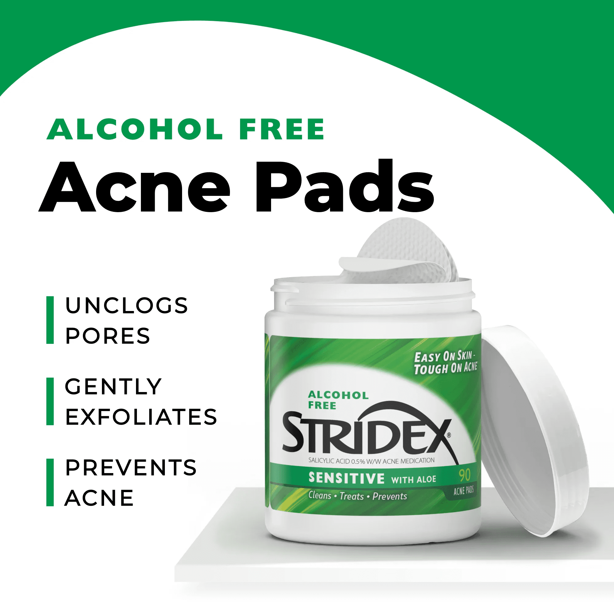 Stridex Medicated Acne Pads for Sensitive Skin, Alcohol-Free, 90 Count
