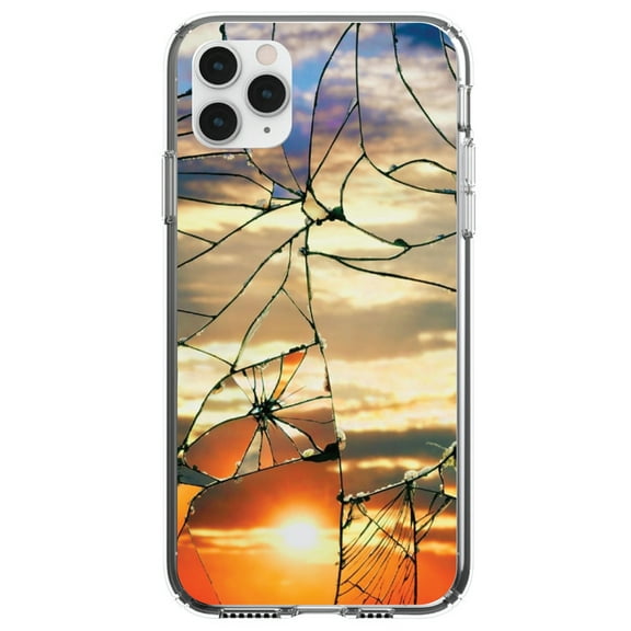 DistinctInk Clear Shockproof Hybrid Case for iPhone 11 Pro (5.8" Screen) - TPU Bumper, Acrylic Back, Tempered Glass Screen Protector - Shattered Glass Sunrise