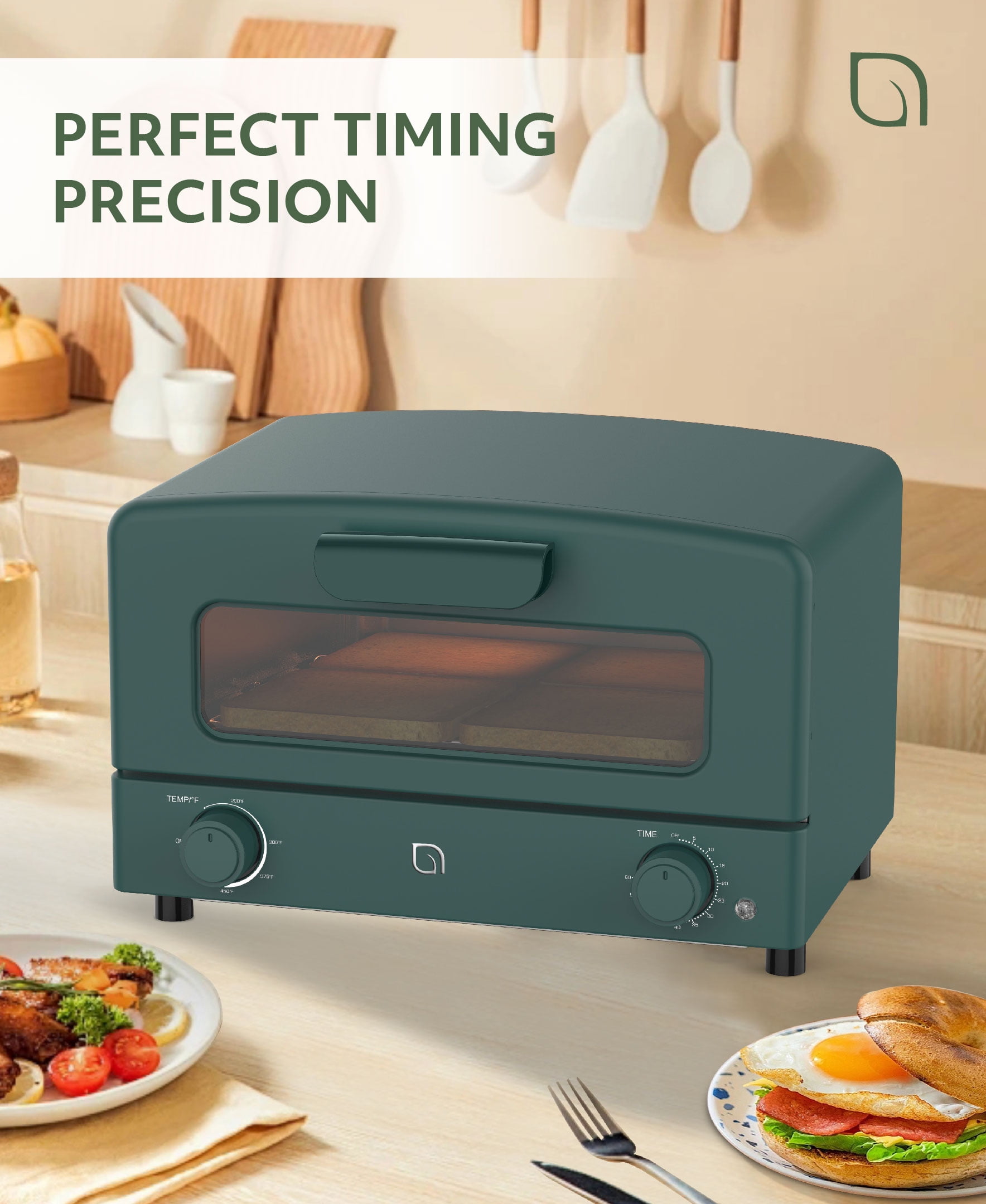 Willow Kitchen Mini Toaster Oven 4 Slice for Home and Kitchen Use, 1300-Watts, Green