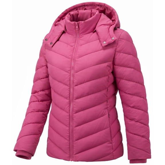 Lightweight Full-Zip Puffer Jacket with Hood Quilted Warm Winter Coat for Women Water Resistance, Pink
