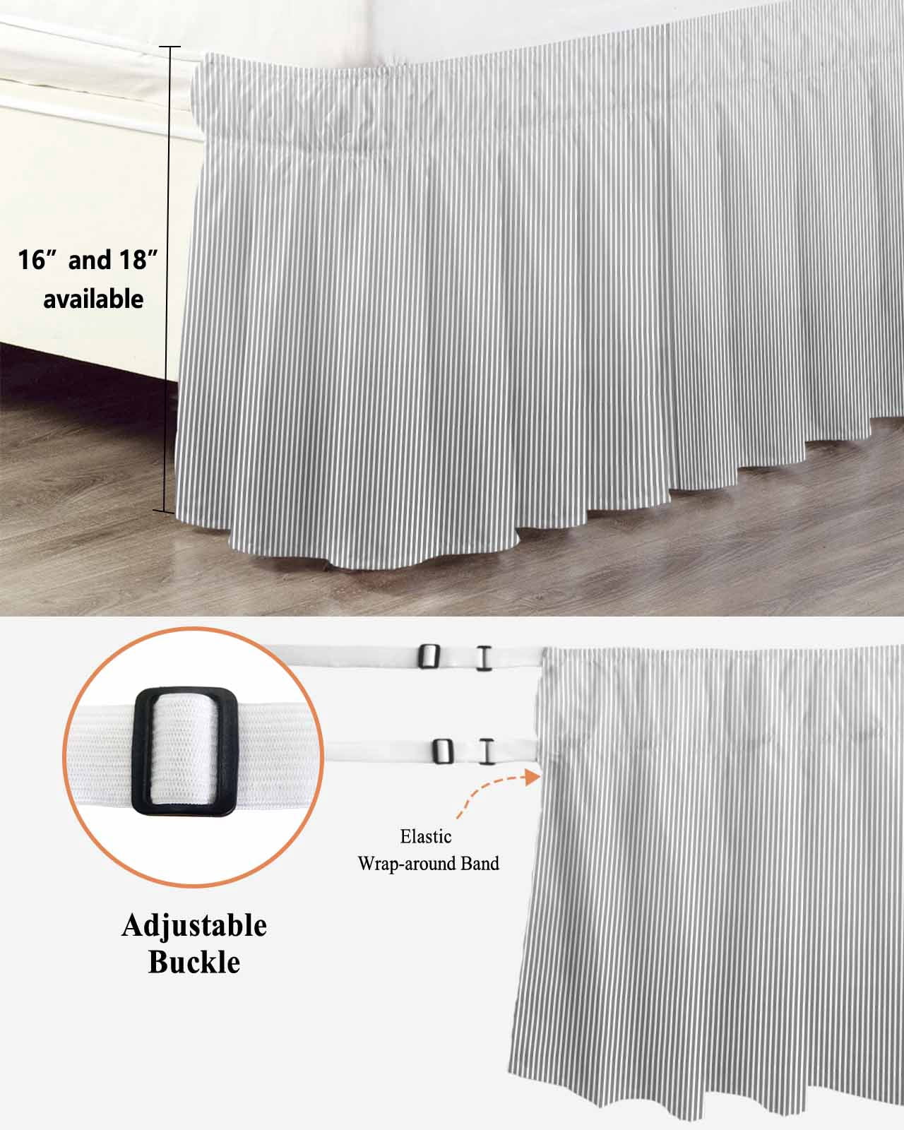 Gray Striped Wrap Around Bed Skirts for Queen Bed 16" Drop,Bed Skirt with Adjustable Elastic Belt Dust Ruffle Bed Valance for Bedroom Hotel Modern Minimalist Vertical Stripes Lines Bed Frame Cover