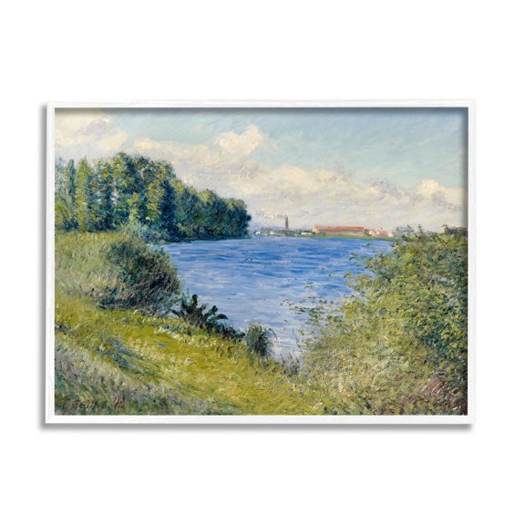 Stupell Industries Clear Blue Water Seaside Rural Grassland Trees Painting White Framed Art Print Wall Art, Design by Lettered and Lined