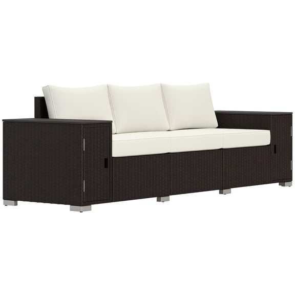 3 Seater Wicker Outdoor Couch Patio Sofa with Storage, Thickened Cushions and Wide Armrests for Porch Yard, Cream White