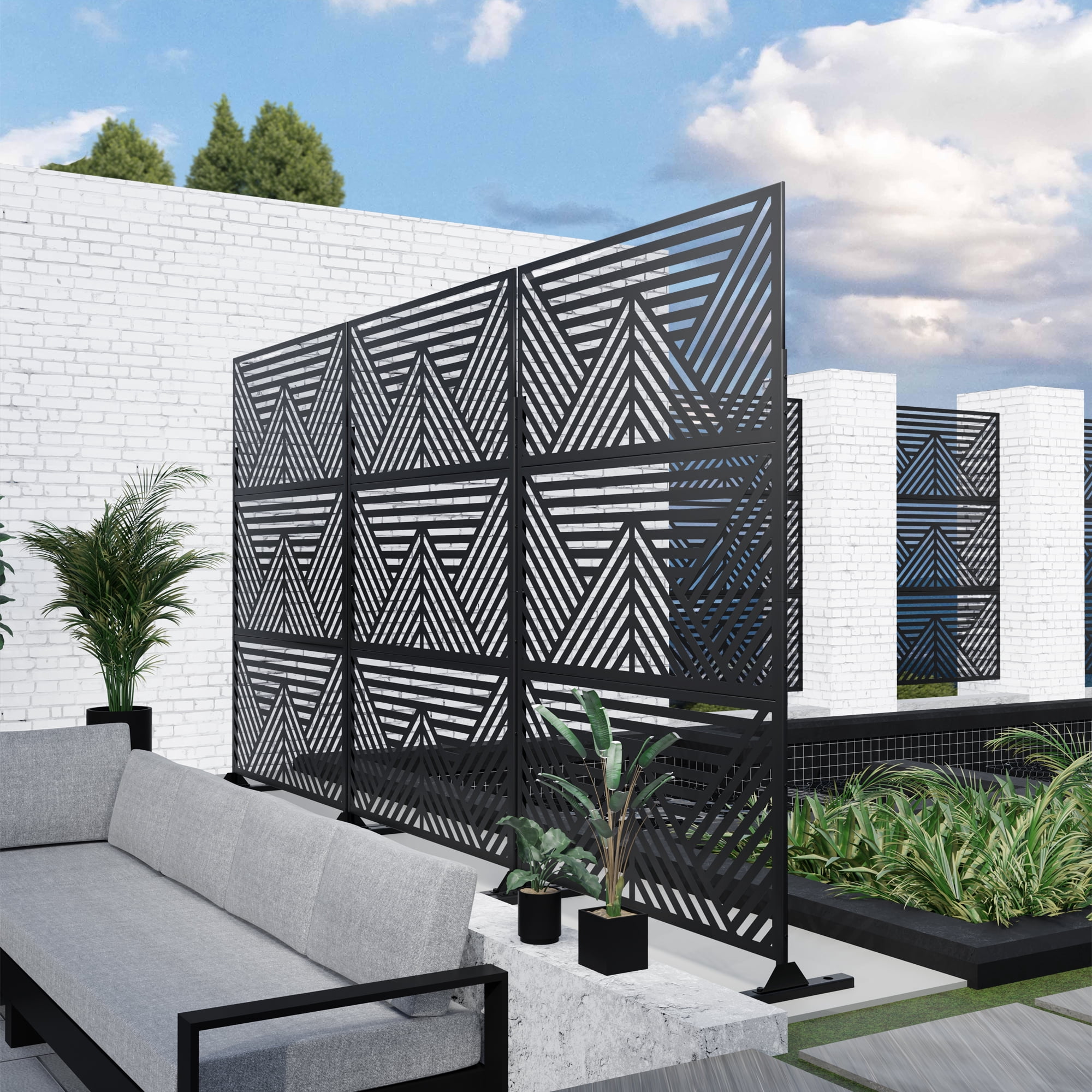 MAYEERTY 72*47" Outdoor Black Metal Privacy Panel Screen for Patio, Mountain Pattern