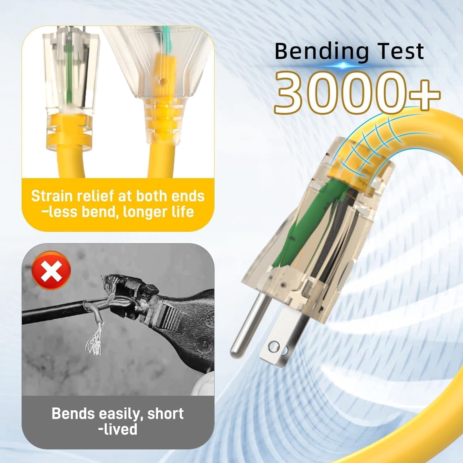 3FT 12 Gauge Heavy Duty Outdoor Extension Cord Waterproof with 3 Outlets & Lighted End STW 15A 1875W 3-Prong Yellow Flexible Power for Indoor Outside Decorations Garage Garden ETL