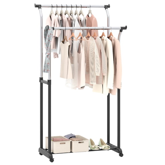 Patiojoy Rolling Clothes Rack Double Rod Garment Rack with Adjustable Height