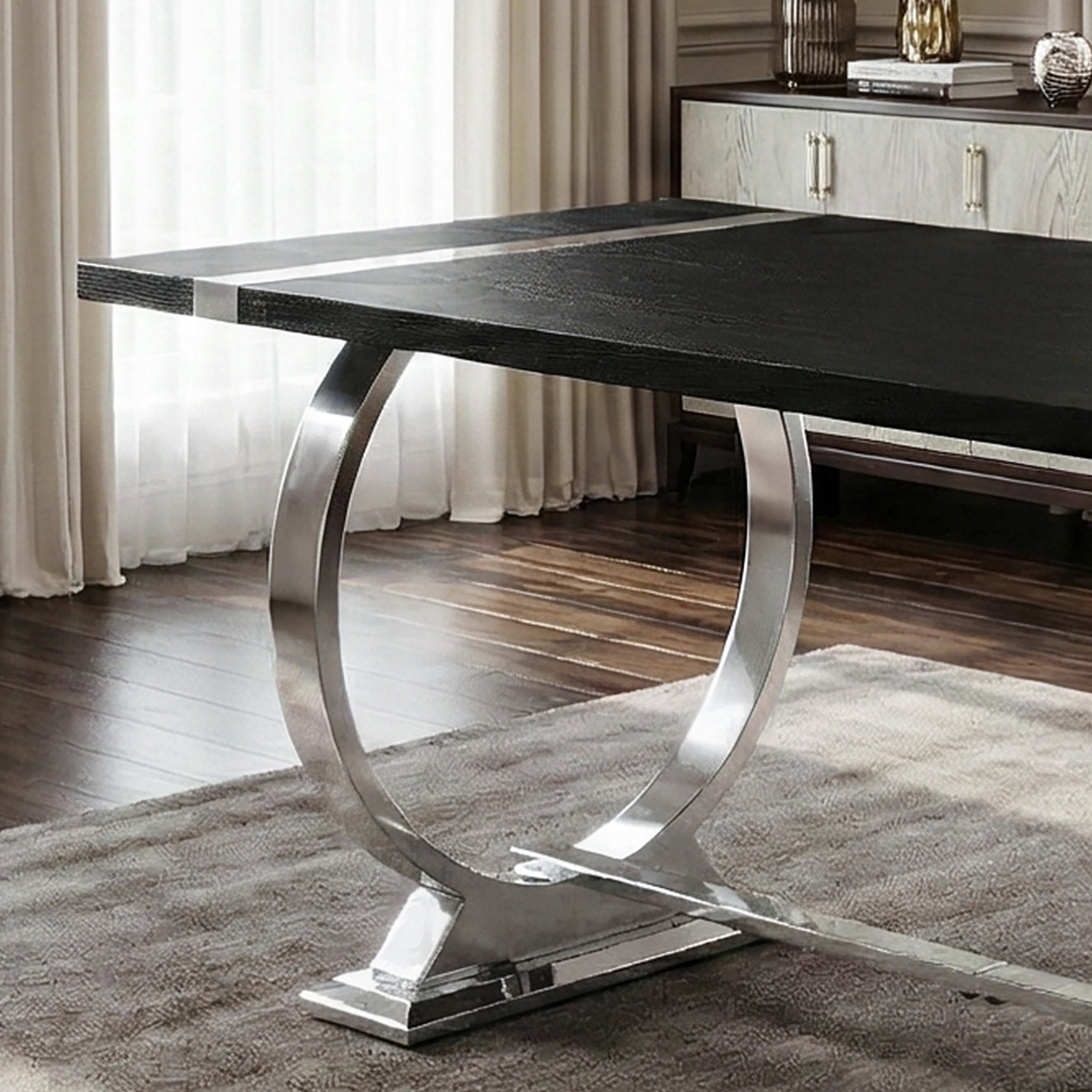 Furniture of America Gaius Glam Wood 60" Rectangle Dining Table with O-Shaped Stainless Steel Trestle Base, Black and Silver
