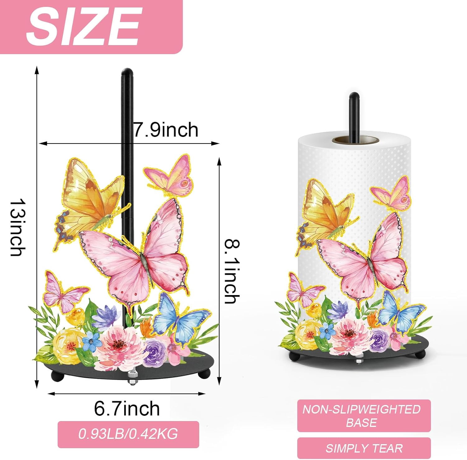 Spring Paper Towel Holder Colorful Butterfly Floral Large Metal Towel Holder Stand for Home Party Kitchen Bathroom Countertop Decor Accessories