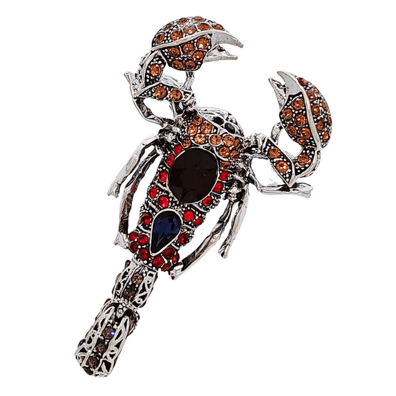 Scorpion With Bend Tail Red, Blue, Crystal Brooch, Silver-Tone
