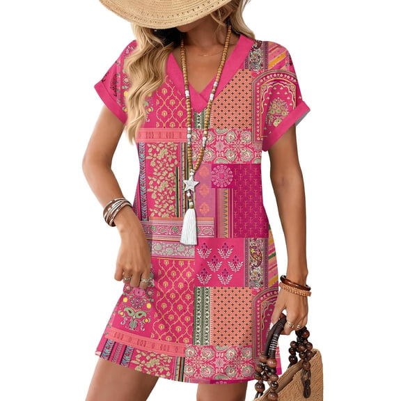 Women's Floral Print V-Neck Short Sleeve Casual Dress with Pocket, Pullover Summer Dress, Lightweight Comfort Fit, Fashion Ladies Outerwear,Hot Pink,3XL