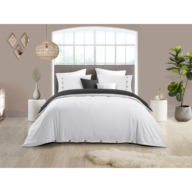 Reversible Natural Crinkle Fabric Ultra Soft Solid Duvet Cover Set - Beautiful Button Closure