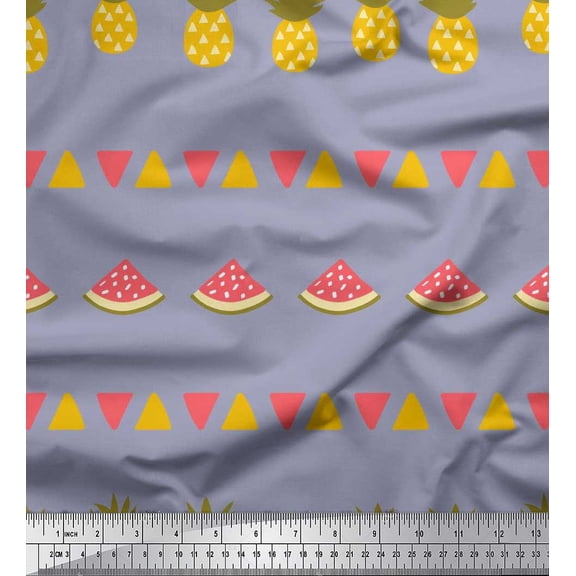 Soimoi Grey Velvet Fabric Triangle,Pine & Watermelon Fruits Printed Fabric 1 Yard 58 Inch Wide