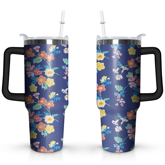 Navy Blue - Flowers 40oz Stainless Steel Vacuum Insulated Tumbler with Lid and Straw for Water Iced Tea Coffee Smoothie and More