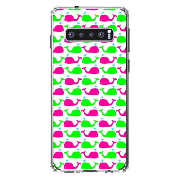 DistinctInk Clear Shockproof Hybrid Case for Samsung Galaxy S10  PLUS(6.4" Screen) - TPU Bumper, Acrylic Back, Tempered Glass Screen Protector - Green Pink Cartoon Whales - Cartoon Whales