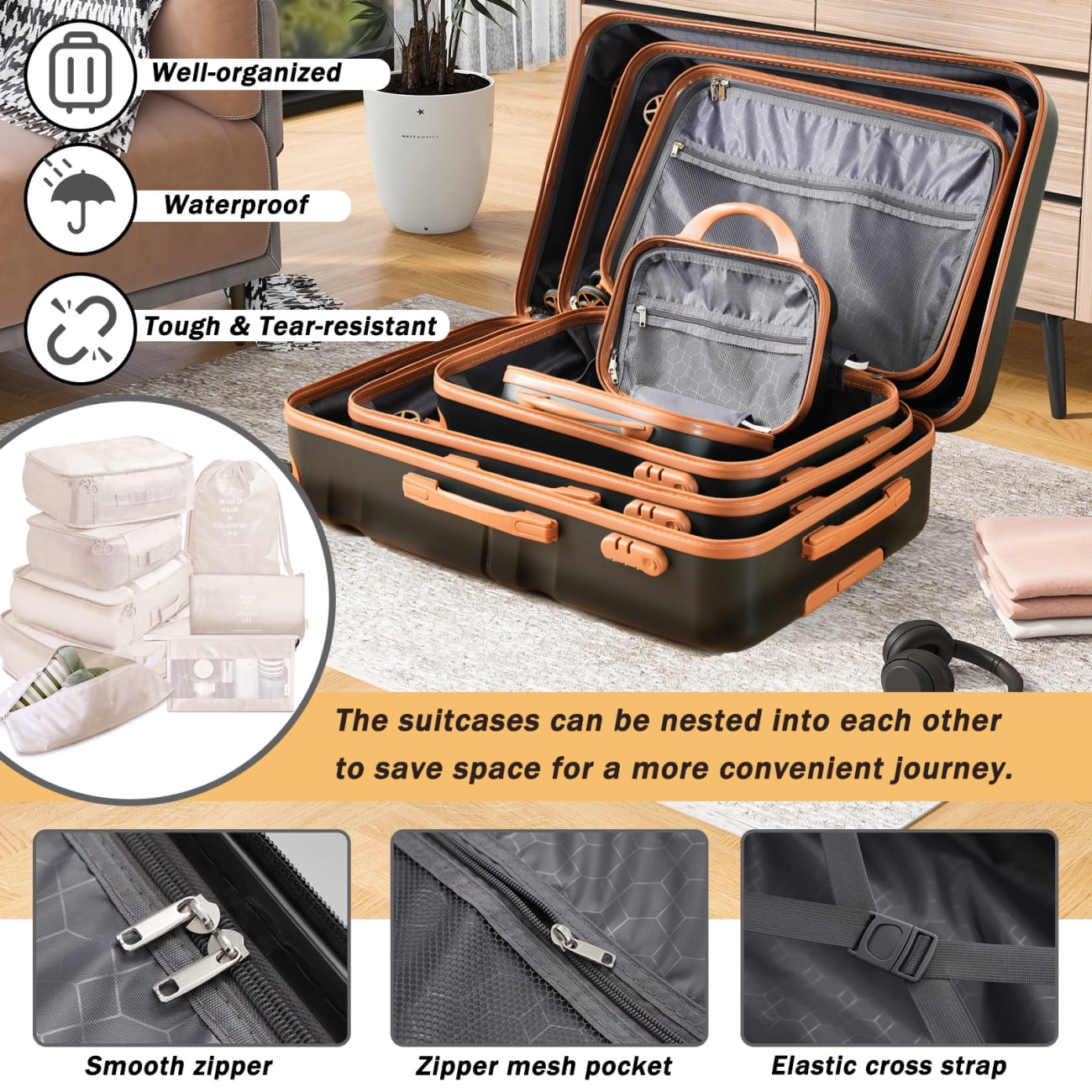 4-Piece ABS Hard Shell Luggage Set with Spinner Wheels & TSA Lock, Lightweight Suitcases for Men & Women Travel 12/20/24/28 Inch Black