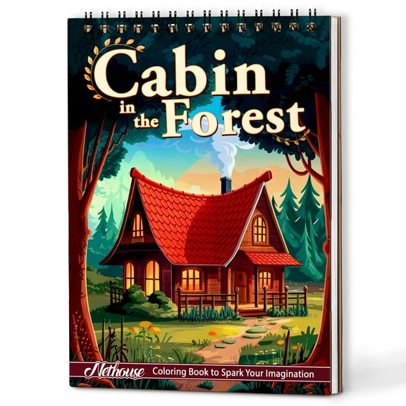NETHOUSE Cabin in The Forest Coloring Book Spiral Bound for Adults, A5 Wooden Cover, 30 Cozy Log Cabins Coloring Pages in Soothing Nature for Stress Relief and Relaxation