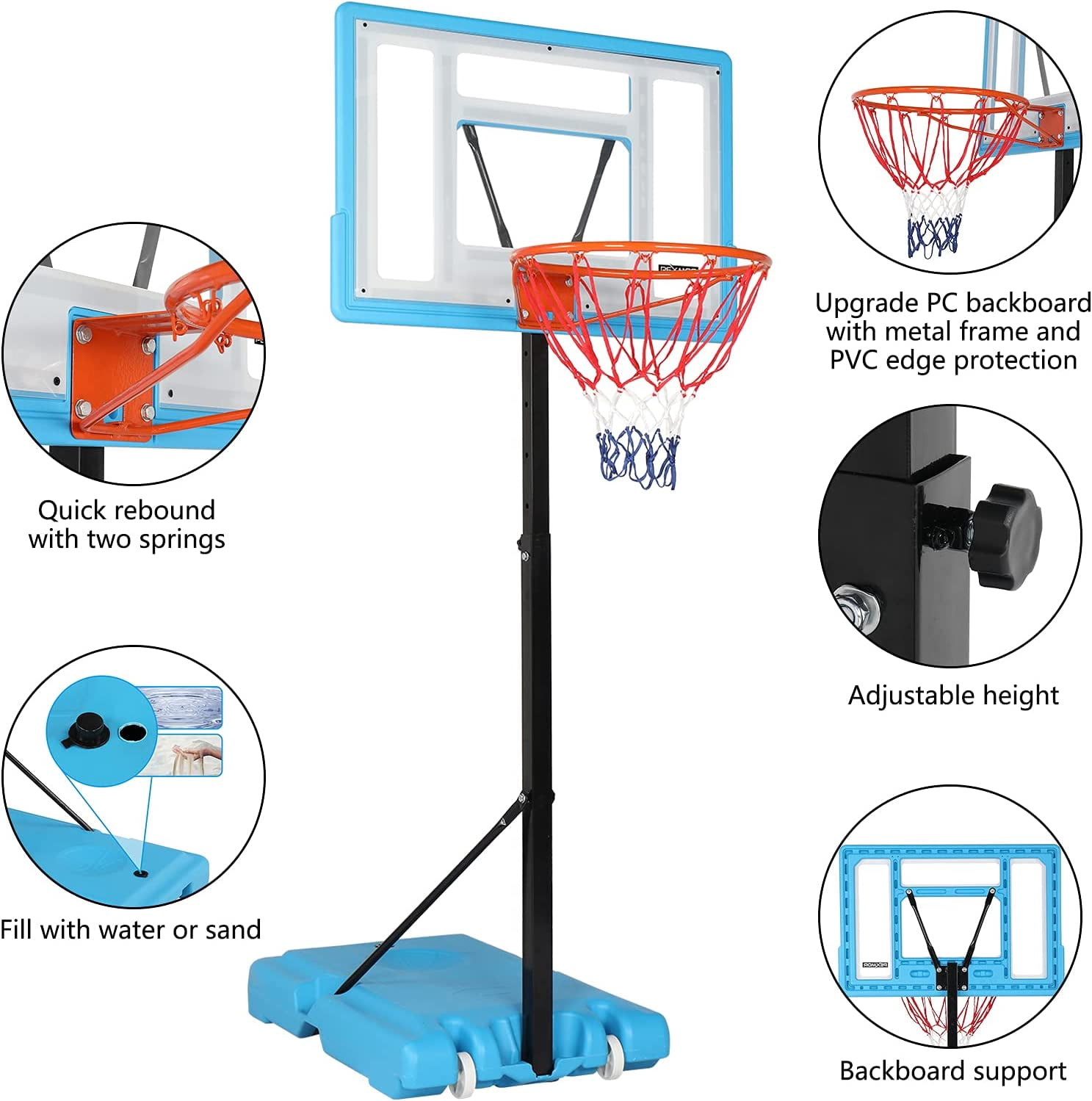 PEXMOR Poolside Basketball Hoop, Adjustable Height Swimming Pool Basketball Hoop System with Upgraded PC Backbord, 2 Basketball Nets, Blue