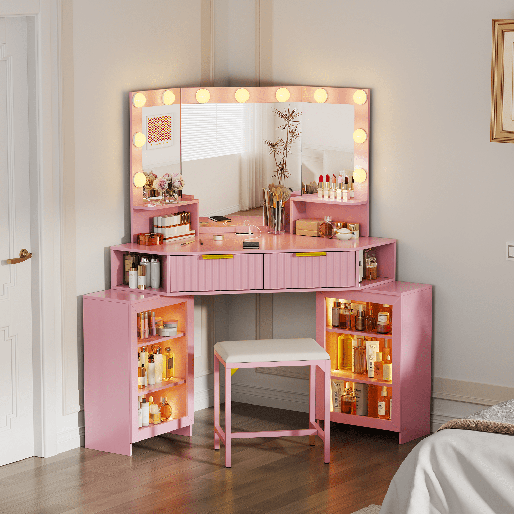 VKCC Retro Corner Vanity Desk Table with Ultra-Wide LED Mirror, Charging Station, Storage Drawers & Shelves, Pink