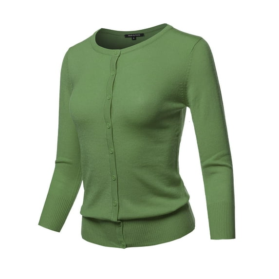 FashionOutfit Women's Solid Crew Neck Button Down 3/4 Sleeves Knit Cardigan