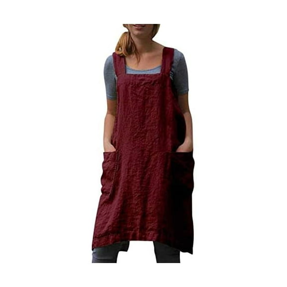 wonima99 Japanese Aprons Plus Size Smock for Women with Pockets Cross Back Pinafore Dress Apron Baking Cooking Gardening