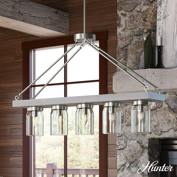 Hunter - Devon Park 5-light Brushed Nickel, Large Chandelier, Dimmable, Rustic Style, Linear Shaped, for Bedrooms, Dining, Living Rooms - 19007